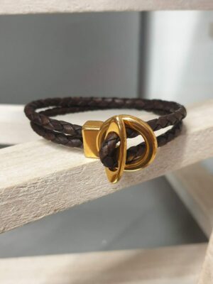 Bracelet homme en cuir tressé marron, fermoir T doré