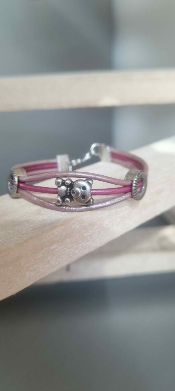 Bracelet femme enfant en cuir rond rose et son ourson argenté