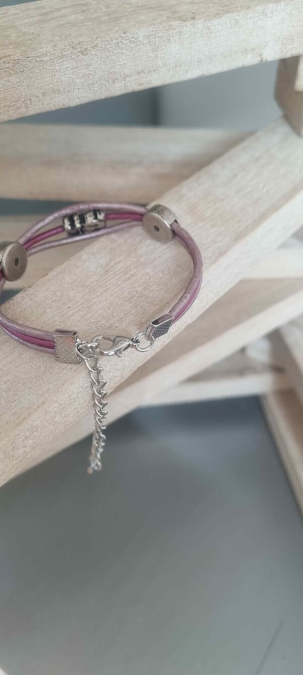 Bracelet femme enfant en cuir rond rose et son ourson argenté