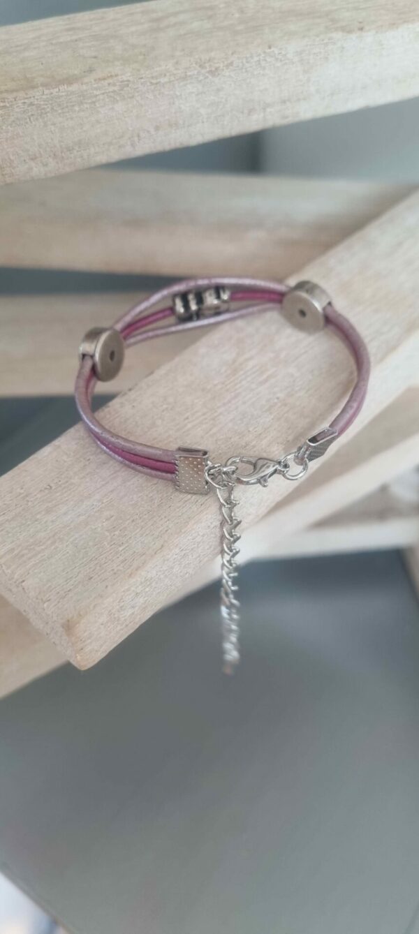 Bracelet femme enfant en cuir rond rose et son ourson argenté