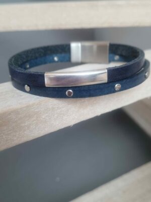 Bracelet mixte 10mm en cuir bleu clouté et cuir bleu uni