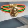 Bracelet femme en cuir rond 2mm orange, vert et marron, passant martelé doré