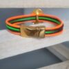 Bracelet femme en cuir rond 2mm orange, vert et marron, passant martelé doré