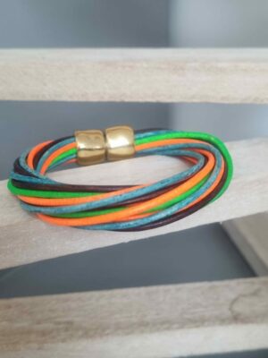 Bracelet femme en cuir rond 2mm orange, vert, bleu et marron