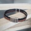 Bracelet homme en cuir tressé marron et noir, plume argentée