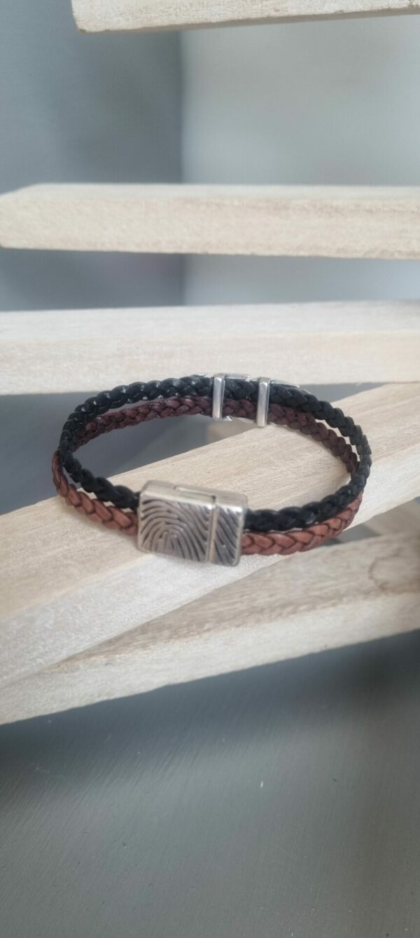 Bracelet homme en cuir tressé marron et noir, plume argentée