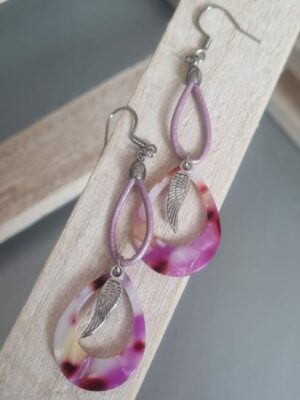 Boucles d'oreille femme en cuir rond vieux rose et passant acétate