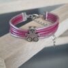 Bracelet enfant en cuir rond rose et gris et ourson argenté