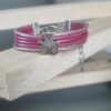 Bracelet enfant en cuir rond rose et gris et ourson argenté