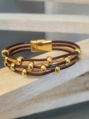 Bracelet femme en cuir rond 2mm tons marrons et perles dorées