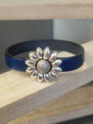 Bracelet femme cuir bleu marine et fermoir fleur