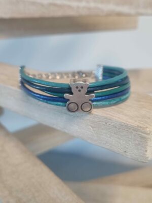 Bracelet enfant cuir rond bleu et ourson argenté