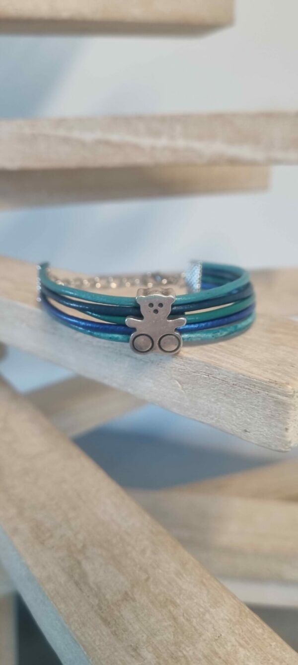 Bracelet enfant cuir rond bleu et ourson argenté