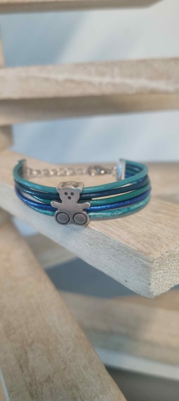 Bracelet enfant cuir rond bleu et ourson argenté