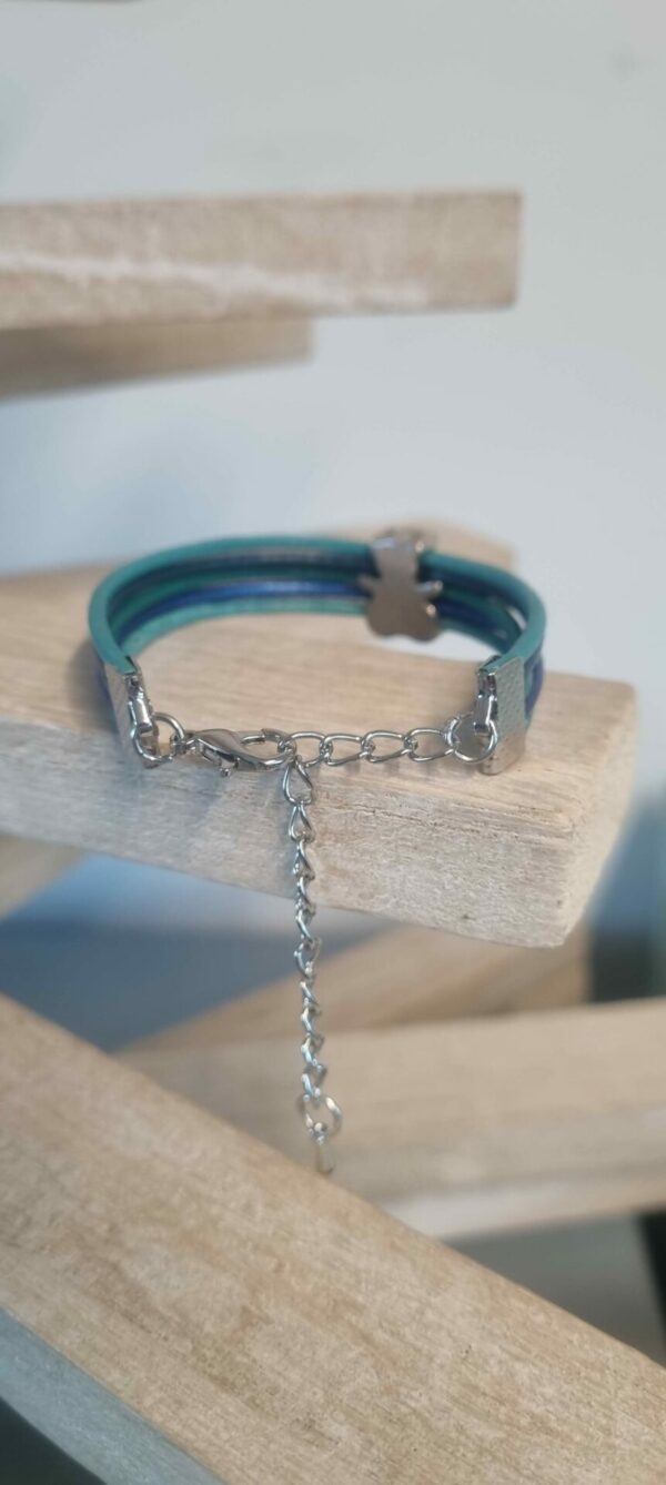 Bracelet enfant cuir rond bleu et ourson argenté