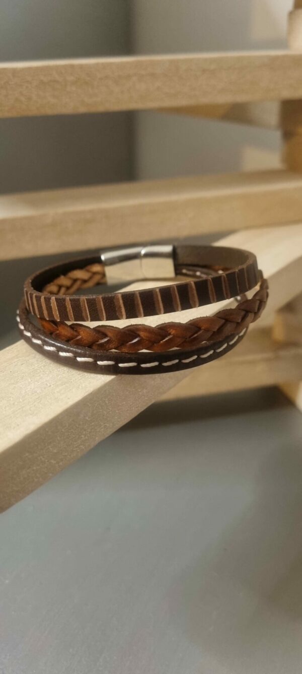 Bracelet homme trois cuirs plats marrons