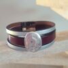 Bracelet femme 20mm cuir bordeaux et argenté pastille ovale martelée